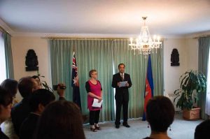 HE Chum Sounry (right), Ambassador for Cambodia, addressing the reception at the Cambodian Embassy in Canberra