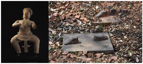 10 th century Khmer statue held by Sotheby’s. Right: feet of the statue left behind by looters at Koh Ker.