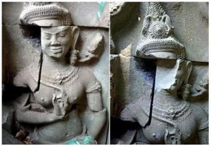 Defacement of the “Melea angel” at Beng Melea – looted in 2006. (Source: http://www.devata.org/2009/02/death-of-an-angel-how-antiquities-theft-destroys-cambodias-pastand-future/) 