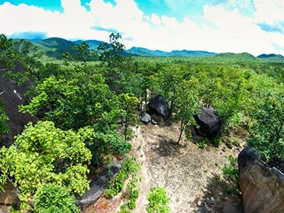 Drone view over the Gabarni rock art site.