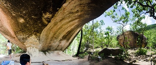 View from inside the largest shelter. There is rock art on the ceiling, but mostly obscured by soot.