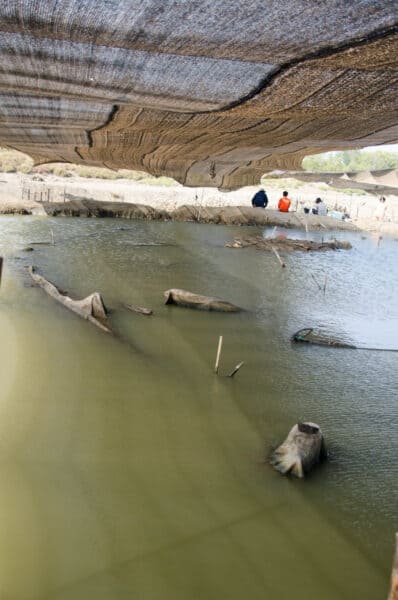 A view of the hull, just peeking out of the water. The block in the foreground is what is thought to be the bow. and you can see the curvature of the hull on the left.