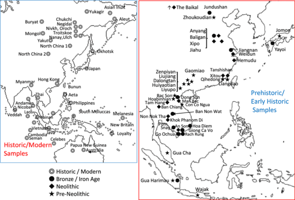 Distribution of craniometric samples from Matsumura et al. 2019, Craniometrics Reveal “Two Layers” of Prehistoric Human Dispersal in Eastern Eurasia